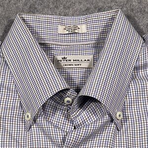 Peter Millar Crown Soft Silk Blend Button Down Shirt Men’s XL Blue Brown Checked